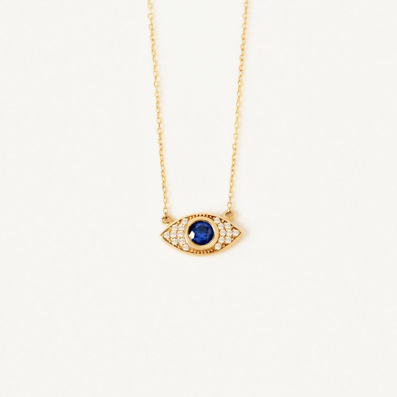 Diamond Evil Eye Necklace in 14K Solid Gold Pave Diamond Sapphire Protection Necklace for Women 14K Real Gold Jewelry Gift for Her image 4