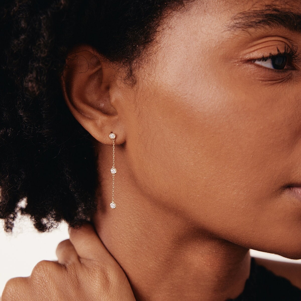 14K Solid Gold Diamond Drop Earrings: Dangle Chain, Bezel Set (0.06 ct.)