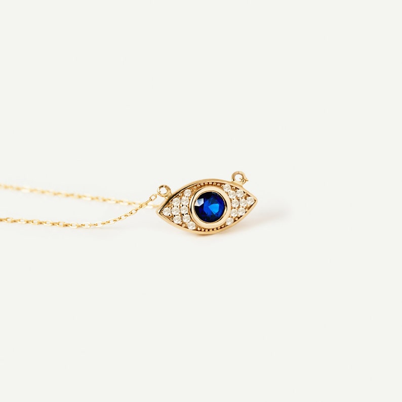 Diamond Evil Eye Necklace in 14K Solid Gold Pave Diamond Sapphire Protection Necklace for Women 14K Real Gold Jewelry Gift for Her image 3