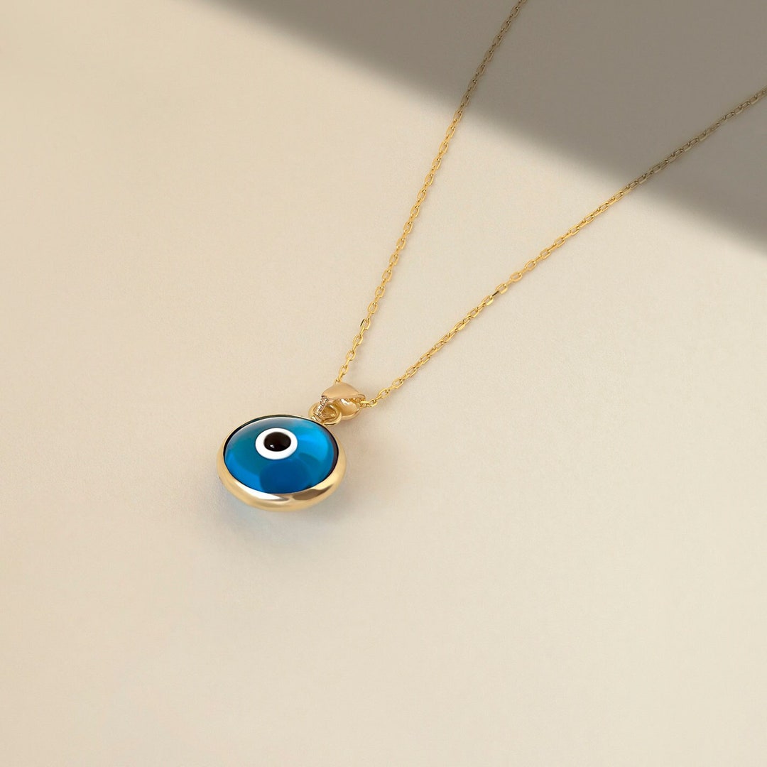 14k Gold Blue Evil Eye Necklace Light Blue Evil Eye Charm 14k Solid