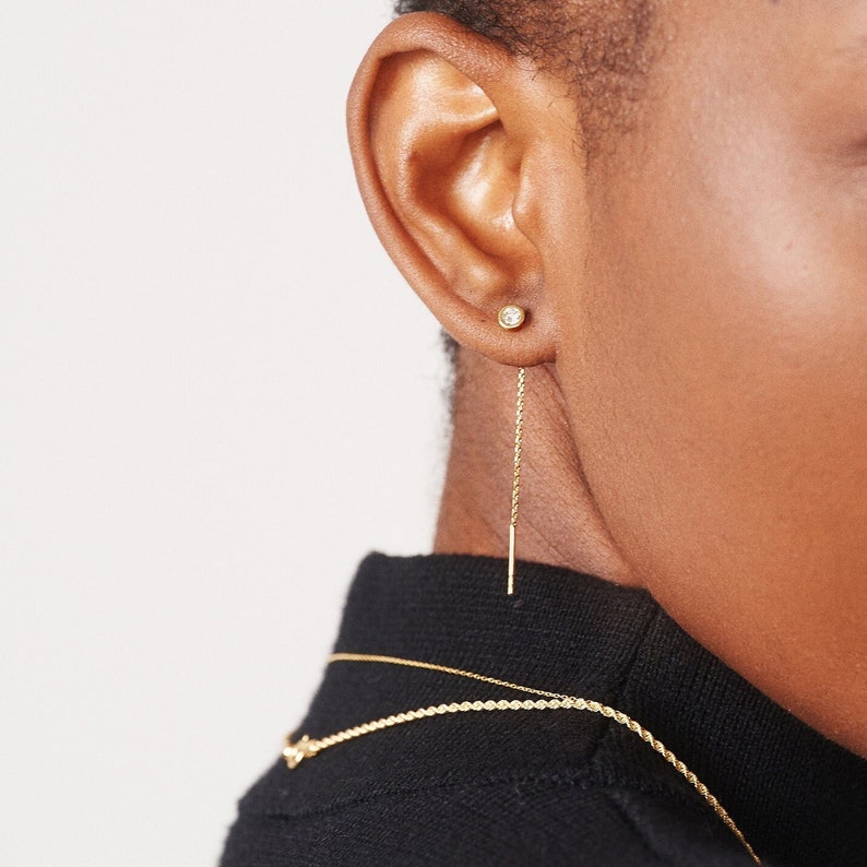 14k Gold Solitaire Threader Earrings Drop Chain Earrings Bezel Solitaire Earrings 14k Solid Yellow or White Gold Earrings for Women image 2