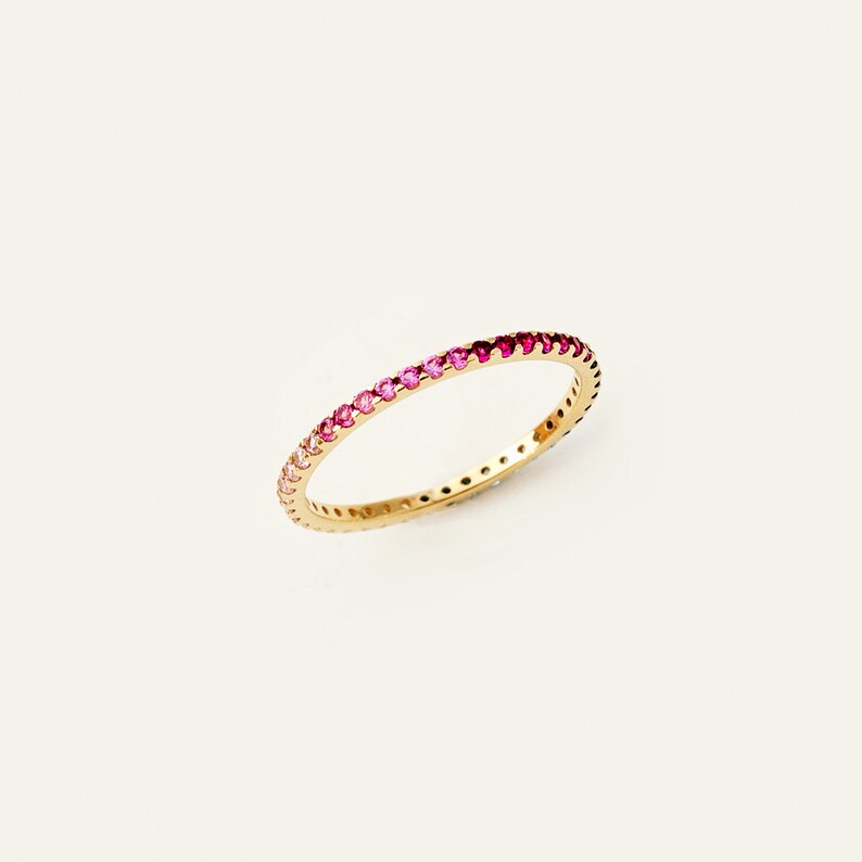 14K Solid Gold Rainbow Eternity Ring Eternity Band Ring for Women Rainbow Stone Stackable Ring 14K Real Gold Jewelry Gift for Her image 3