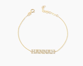 10k or 14k Solid Gold Diamond Name Bracelet, Dainty Custom Diamond Name Bracelet