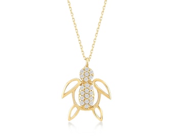 14K Solid Gold CZ Turtle Necklace for Women | Turtle Pendant Necklace | Dainty Nature Necklace | 14K Real Gold Summer Jewelry | Gift for Her
