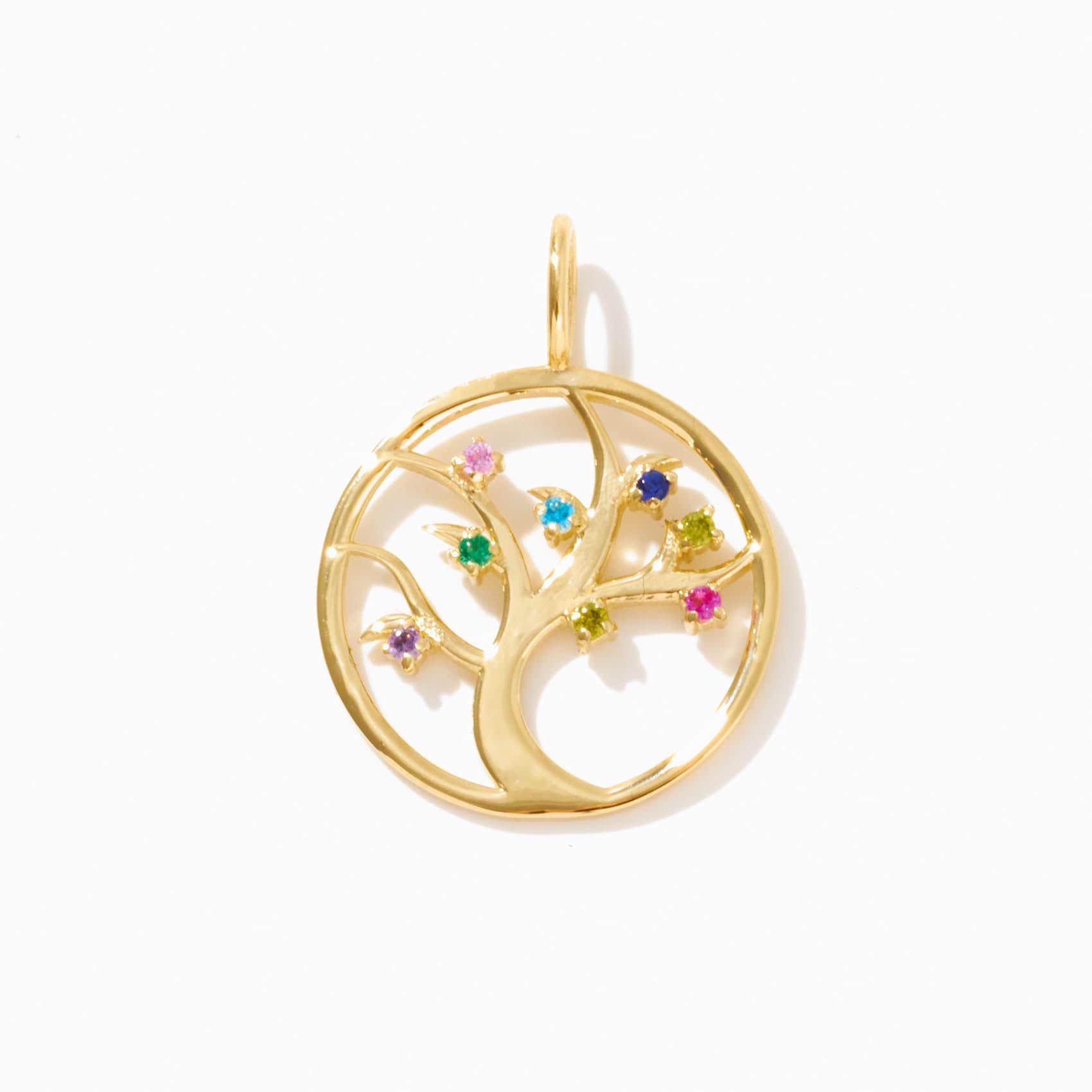 Family Tree Charm in 14K Solid Gold / Birthstone Tree Life Pendant for Women