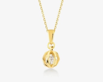 Cage Pendant Necklace: Solid 10k or 14k Gold (CZ Stone)