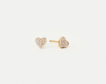 14K Solid Gold Diamond Heart Stud Earrings: Dainty Jewelry