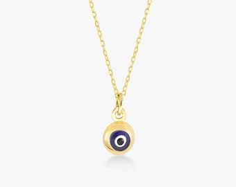 14k Solid Gold Evil Eye Charm Necklace: Good Luck Amulet