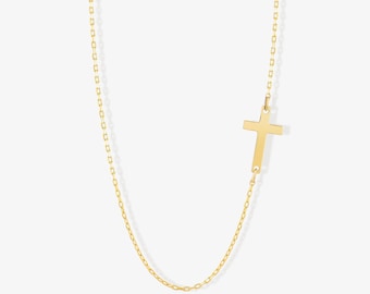 14k Solid Gold Sideways Cross Necklace: Minimalist Faith Jewelry