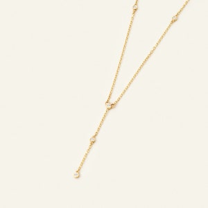 14K Solid Gold Diamond Lariat Necklace Diamond Station Y-Necklace Diamond by the Yard Necklace 14K Real Gold Jewelry Gift for Her image 3