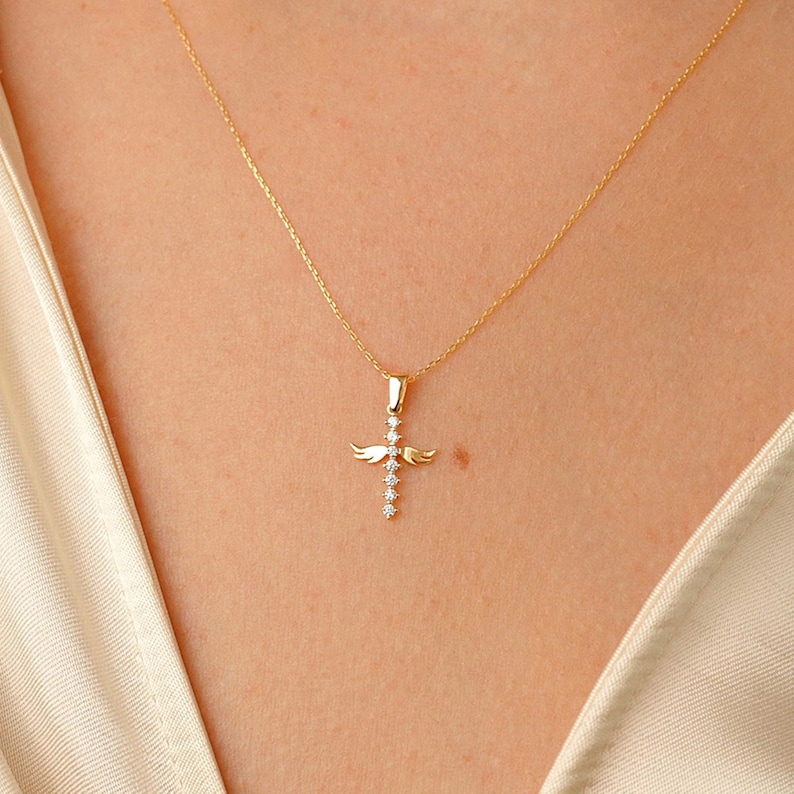 14k Solid Gold Angel Wing Cross Necklace - Guardian Angel Charm Necklace - 14k Real Gold Crucifix Pendant for Women - 14k Religious Jewelry 