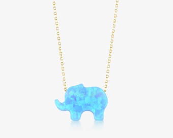 14k Solid Gold Elephant Necklace: Opal Good Luck Charm