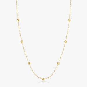 14k Solid Gold Bead Station Necklace: Delicate Ball Pendant