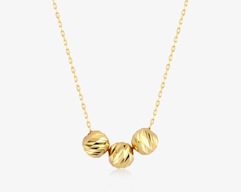 14k Solid Gold Spheres Necklace - Textured Triple Balls Pendant - Geometric Shaped Pendant - 14k Gold Three Beads Charm Necklace for Women