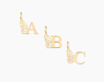 10K or 14k Solid Gold Butterfly Shaped Initial Pendant for Women, Dainty Letter Pendant