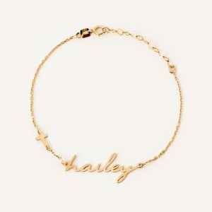 Pulsera con nombre de cruz personalizada en oro macizo de 14 quilates / Pulsera cristiana personalizada para mujer / Joyas personalizadas en oro real de 14 quilates / Regalos personalizados