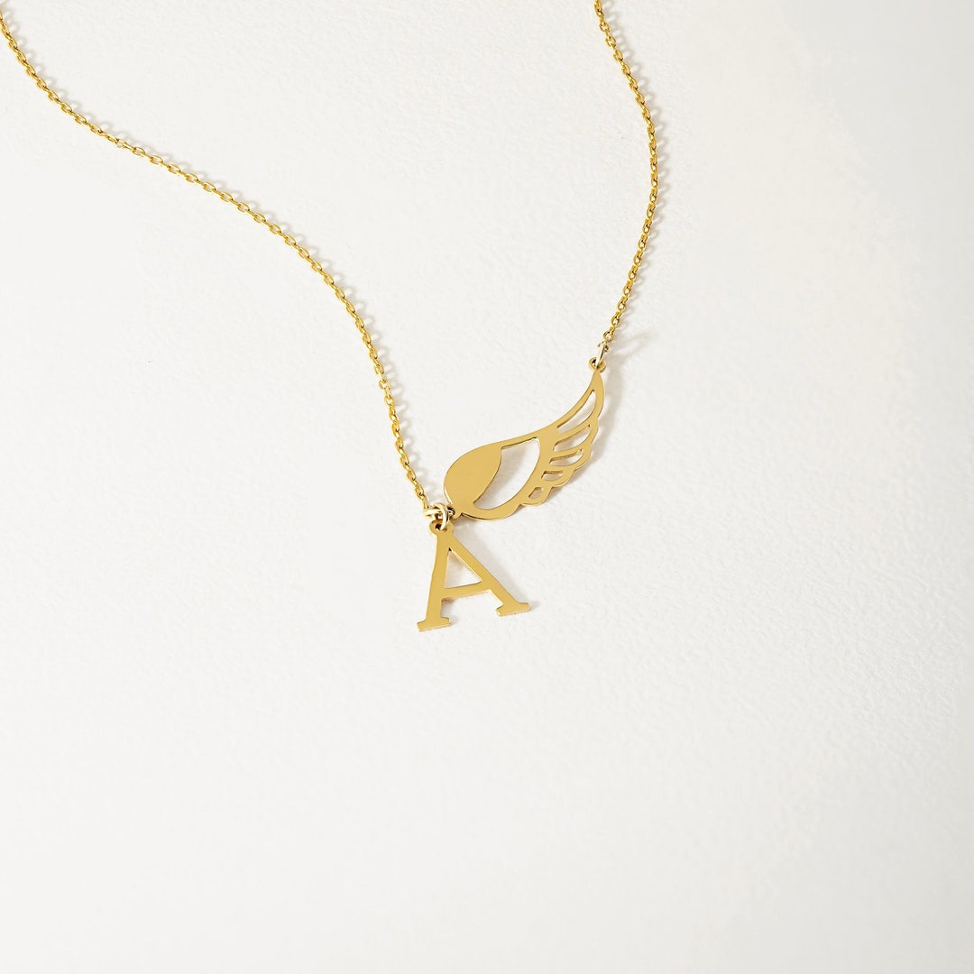 14K Solid Gold Custom Angel Wing Initial Necklace Letter - Etsy