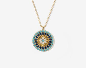 14K Solid Gold Round Evil Eye Necklace | 14K Real Gold Eye Necklace | Protection Jewelry for Women | Good Luck Necklace | Gift for Her