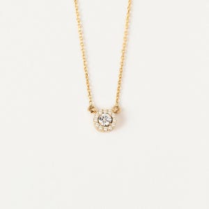 Moissanite Diamond Halo Necklace: 14K Gold Floating Pendant