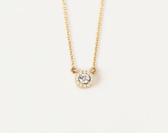 Moissanite Diamond Halo Necklace: 14K Gold Floating Pendant