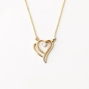 Diamant Doppelherz Halskette aus 585er Gold | Diamant verflochten Herz Halskette | Anhänger Halskette | 14K Gold Schmuck | Geschenk für Sie