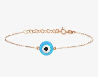 Evil Eye Bracelet: Opal Blue Charm and 14k Gold (Adjustable Size)