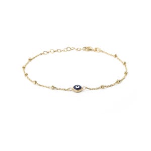 14K Solid Gold Evil Eye Bracelet | Beaded Chain Bracelet | 14k Gold Bracelets for Women | 14K Real Gold Jewelry | Evil Eye Jewelry Gift