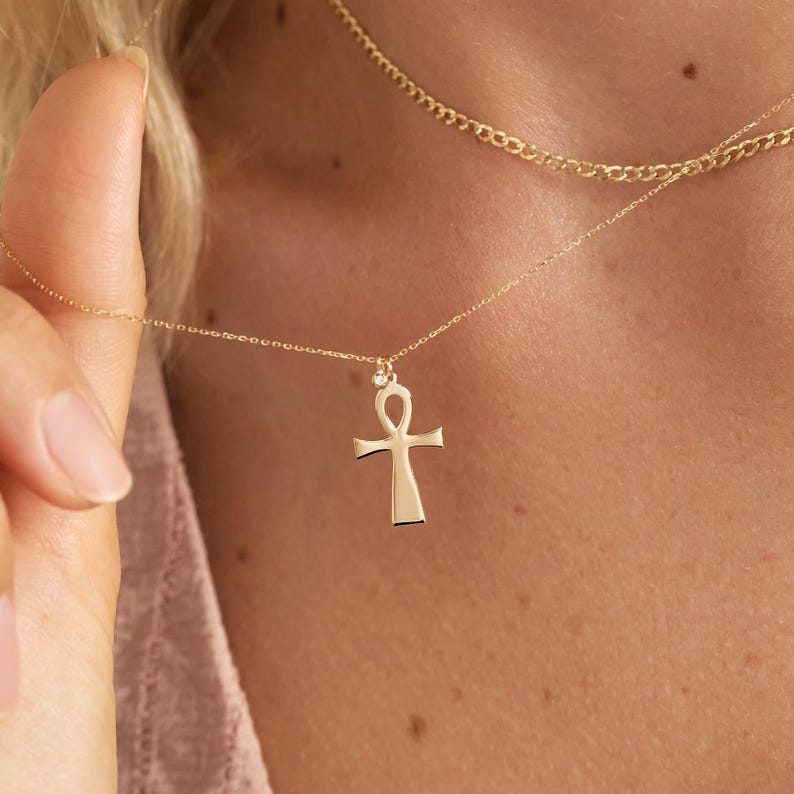 Diamond Ankh Cross 14K Solid Gold Necklace for Women | Cross Pendant Necklace | Christian Faith Jewelry | Gift for Birthday afbeelding 2