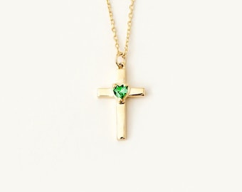 Birthstone Cross Necklace in 14k or 10k Solid Gold