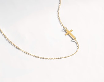 14k Solid Gold Sideways Cross Necklace: Simple Cross Necklace