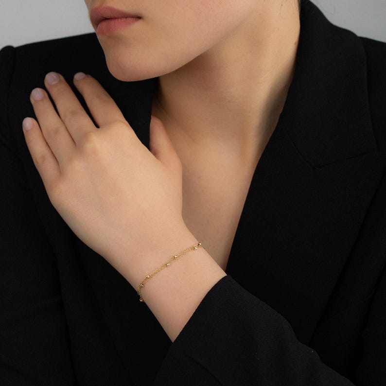 Station Bracelet: Double Strand 14K Solid Gold (Dainty Chain) image 2