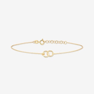 14k massief gouden armband met verweven cirkels • In elkaar grijpende ringenarmband • Gouden verbindingsarmband • Valentijnsdagcadeau voor vrouwen