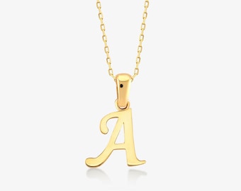 14k Solid Gold Buchstabe Halskette: Schreibschrift Anhänger Halskette (Alle Buchstaben)
