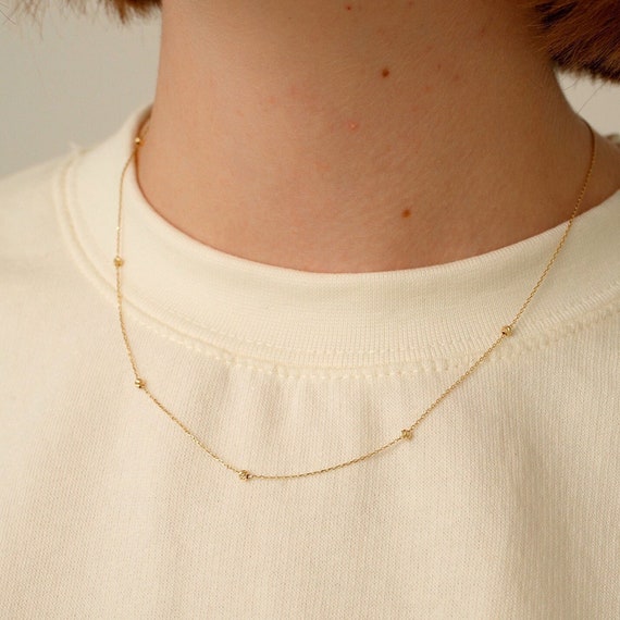 14k Solid Gold Bead Station Necklace 14k Bead Balls Pendant Necklace Round  Beads Necklace 14k Real Gold Station Necklaces for Women - Etsy