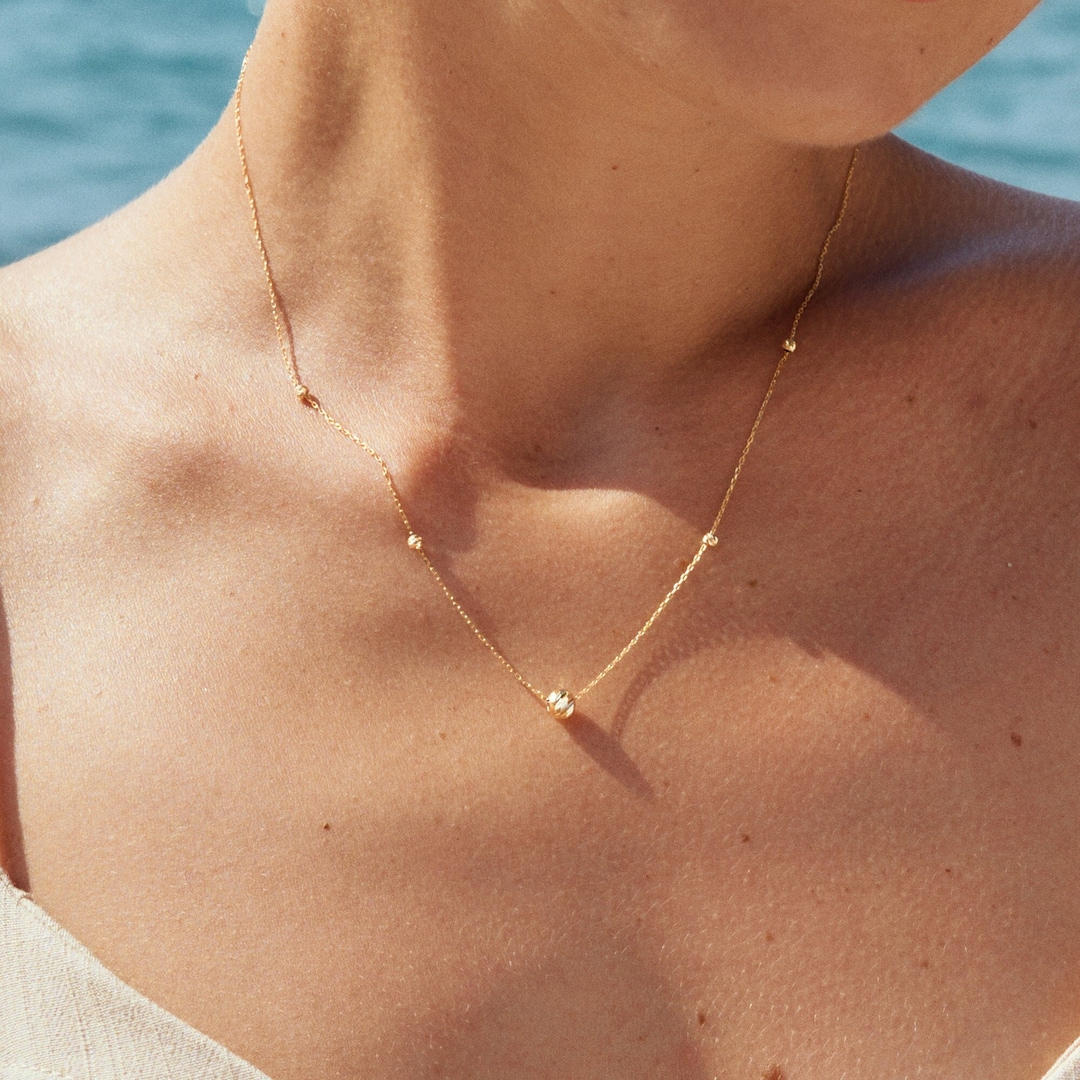 Bead Station Necklace in 14k Solid Gold for Women Gold Ball Station