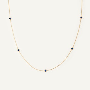 14K Solid Gold Sapphire Station Necklace / Bezel Set Five Stone Sapphire Necklace / Real Gold Gemstone Yard Necklace / Gift for Her