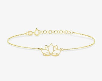 14K Solid Gold Lotus Flower Bracelet: Boho Yoga Jewelry
