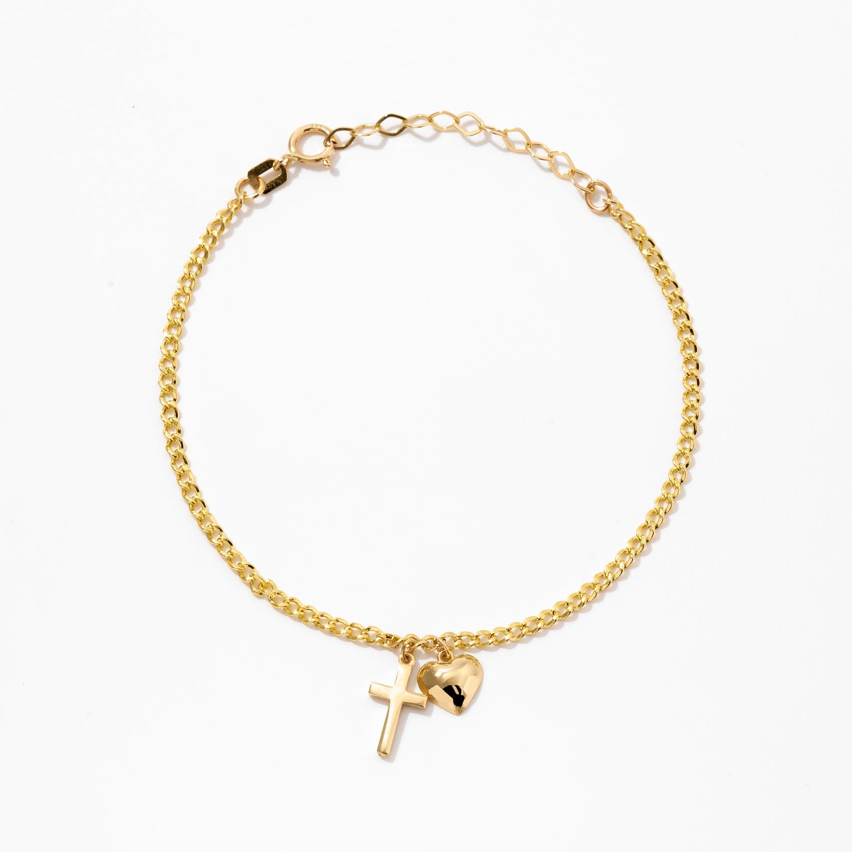 14k Solid Gold Cross & Heart Charm Bracelet