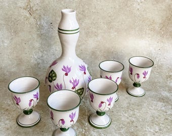 vintage Wine pitcher jug with 5 wine cups Cyprus hand painted cyclamen. Savvas
