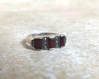 Art Deco style silver garnet and Marcasite ring.