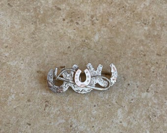 Broche Fer à Cheval Plaqué Or Vintage - Porte-bonheur - État Comme Neuve - Occasion