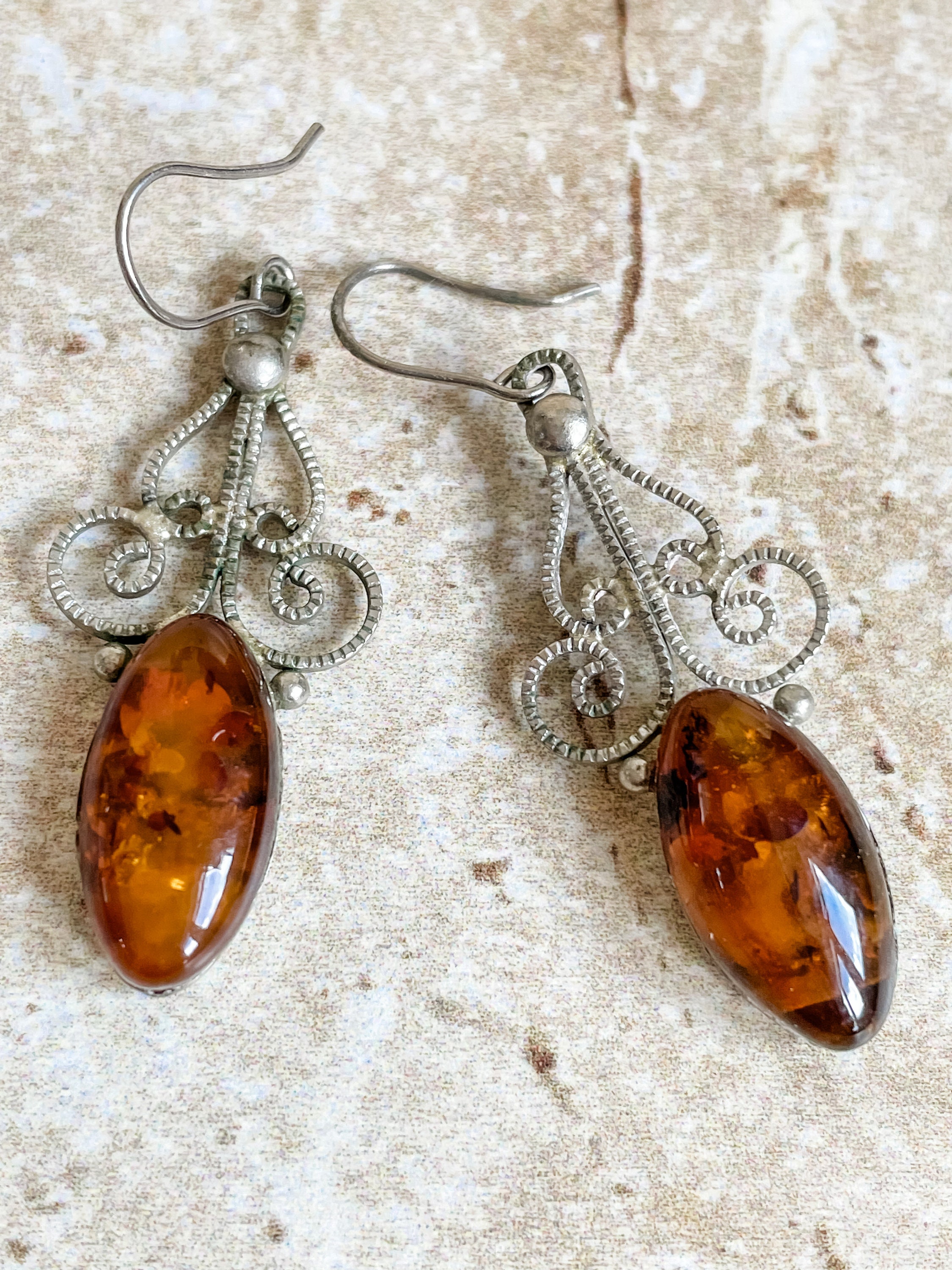 Boucles D'oreilles Vintage Soviétiques En Ambre Baltique Estampillées - Occasion