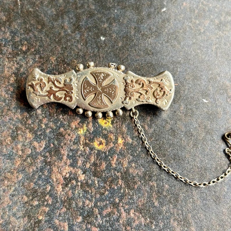 Victorian Sterling Silver Bar Brooch, Rose Gold Maltese Cross Detail - Etsy