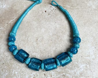 Vintage Murano blue foiled bead necklace
