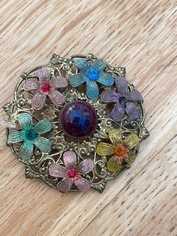 Czech製 ヴィンテージブローチ フィリグリー flower Vintage Art Deco Czecho Brass Filigree Rhinestones Round