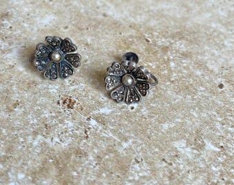 Vintage silver Marcasite and faux pearl earrings