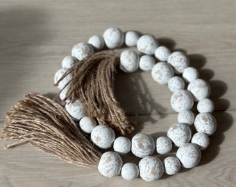 Rustic white wood bead tassel/ wood garland/ farmhouse tassel