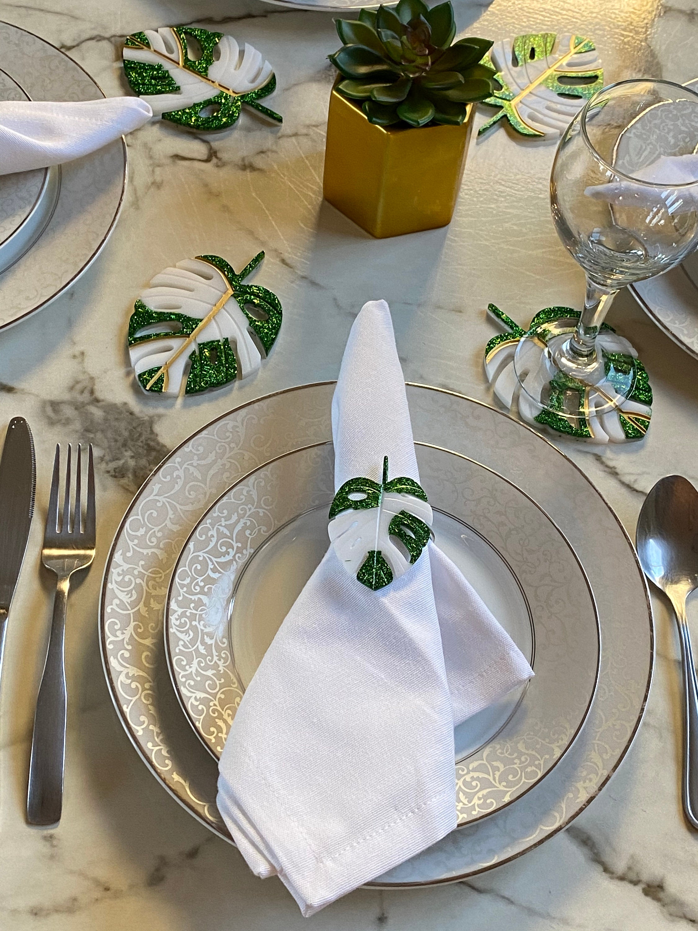 Monstera leaf napkin ring green and white Etsy