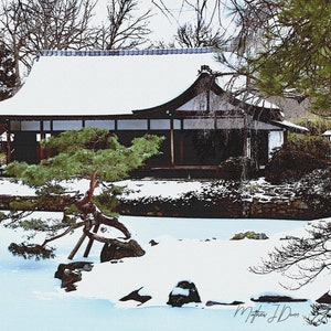 Art Print: Japanese Teahouse in the Snow, with Frozen pond and Gardens, an oil-on-canvas reproduction based on my own original work