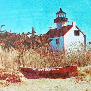 Wydruk latarni morskiej: Latarnia morska East Point w New Jersey wzdłuż zatoki Delaware, kolorowy wydruk Giclée w stylu akwareli